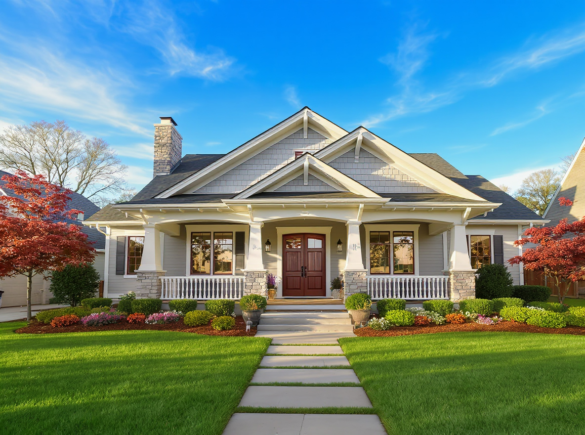 A beautifully maintained craftsman home with a manicured lawn and landscaping
